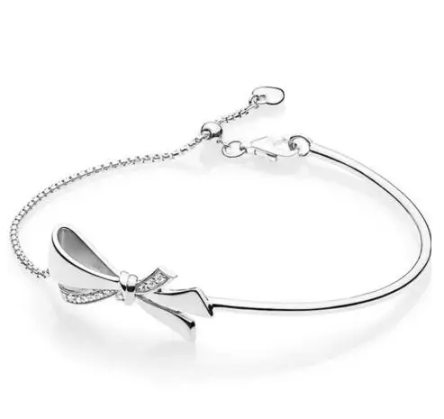 925 пробы серебряный браслет, блестящий бант, шаровая застежка, регулируемый браслет, браслет, подходит для женщин, бусина, шарм, сделай сам, модное ювелирное изделие