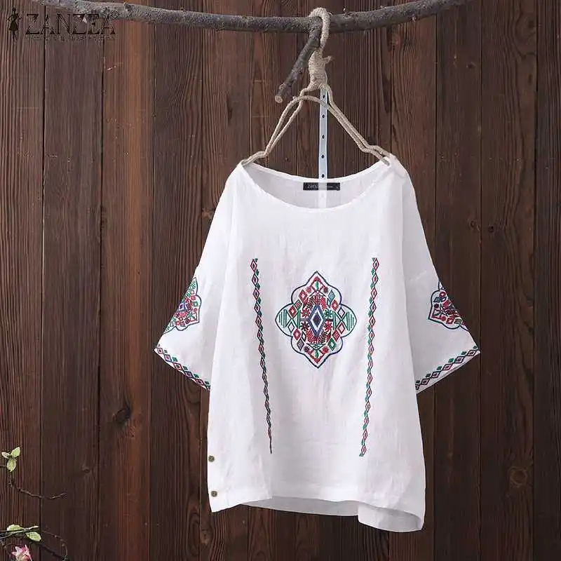 

Summer Vintage Embroidery Tunic Tops ZANZEA 2019 Women Cotton Party Blouse Casual Short Sleeve Loose Tee-Shirts Femme Blusas
