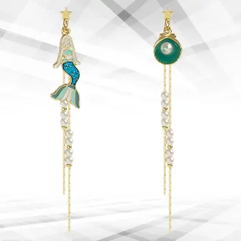 

1 Pair Mermaid Earring Asymmetrical Ear Drop Pearl Shell Fringe Earrings Fashion Ear Dangler Creative Jewelry for Woman Girl