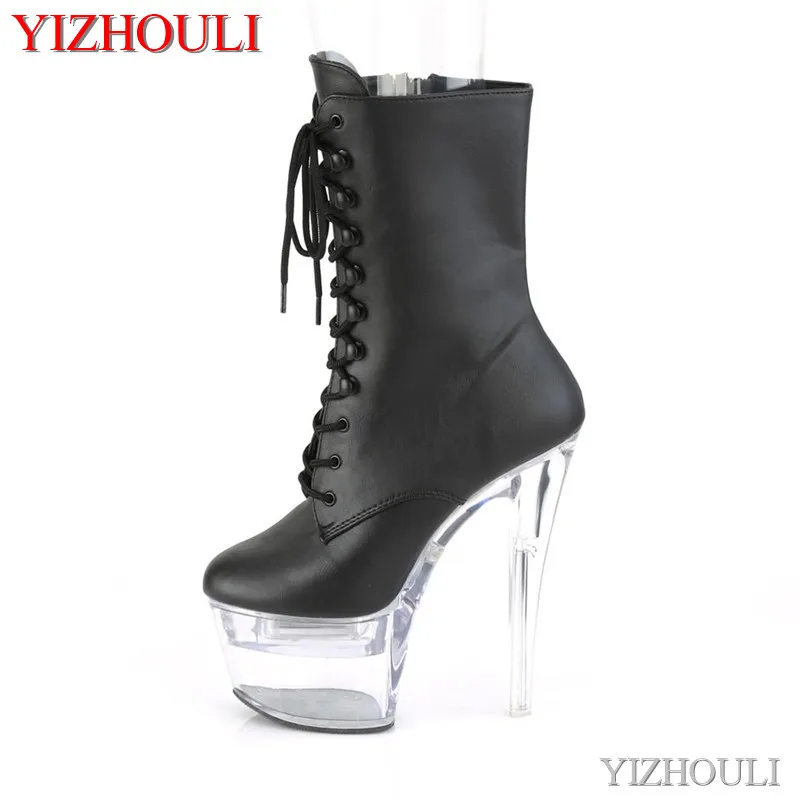 

17 cm transparent stiletto heels, sexy 7 inch ankle boots, matte black upper, party club, model pole dancing shoes