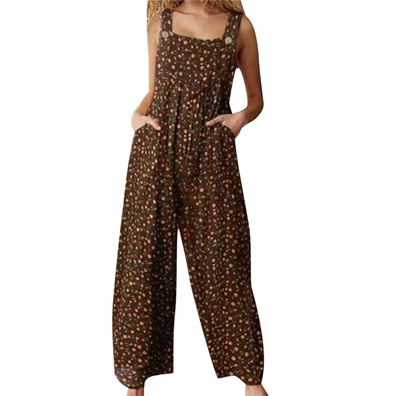 

Summer Women Floral Jumpsuit Sleeveless Overalls Boho Casual Loose Playsuit Long Pants Romper Wide Leg Dungarees Retro Trousers