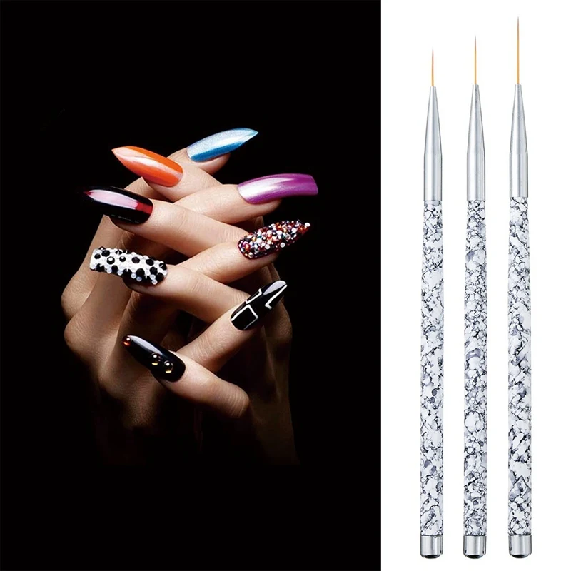11/15/20mm 3pcs Nail Art Brush Marble Handle French Lines Painting Flower Grid Image Drawing Liner Pen Manicure Tool