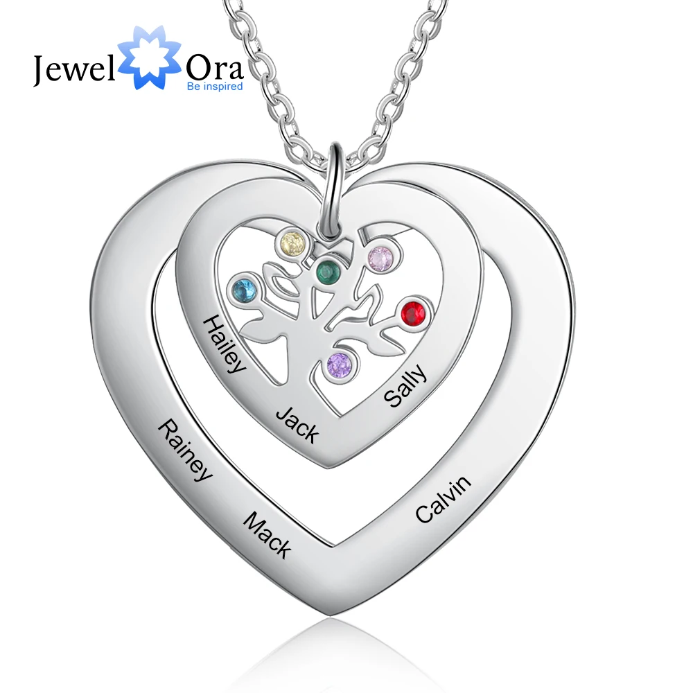 

JewelOra Designer Personalized Tree of Life Heart Pendant with 6 Birthstones Custom Engraved Name Mother Necklace Christmas Gift