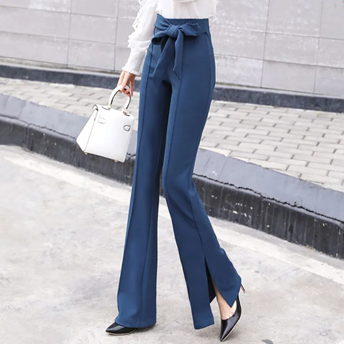 

Ladies Pearl Pantalon Femme High Waist side Split Korea Flare Pants Women Summer Wide Leg Office Work Trousers