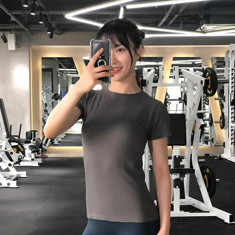 New T-shirt Fitness Solid Color Round Neck Slim Breathable Yoga Running Short Sleeve Ladies T-Shirt Quick Dry Sport Top - Цвет: Gray
