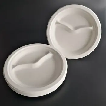 

50PCS 9 Inch Disposable Compostable Plates Biodegradable Bagasse Round Meal Food Plate with 2 Compartments