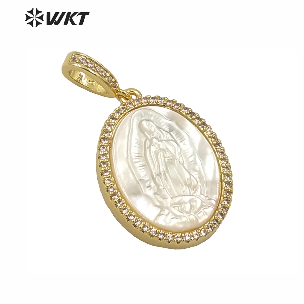 

WT-MP107 Micro Pave White Shell Pendant Dainty Virgin Mary Medallion Oval Shape Religious Style Jewelry Gift For Women