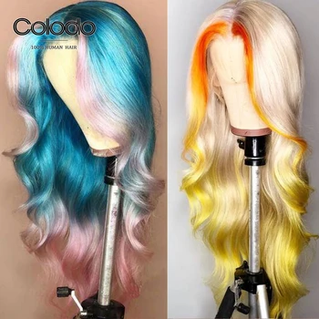 

COLODO Ombre Orange Lace Front Human Hair Wigs Preplucked Remy Brazilian Pink Blue Body Wave Wig Transparent Lace Wigs for Women