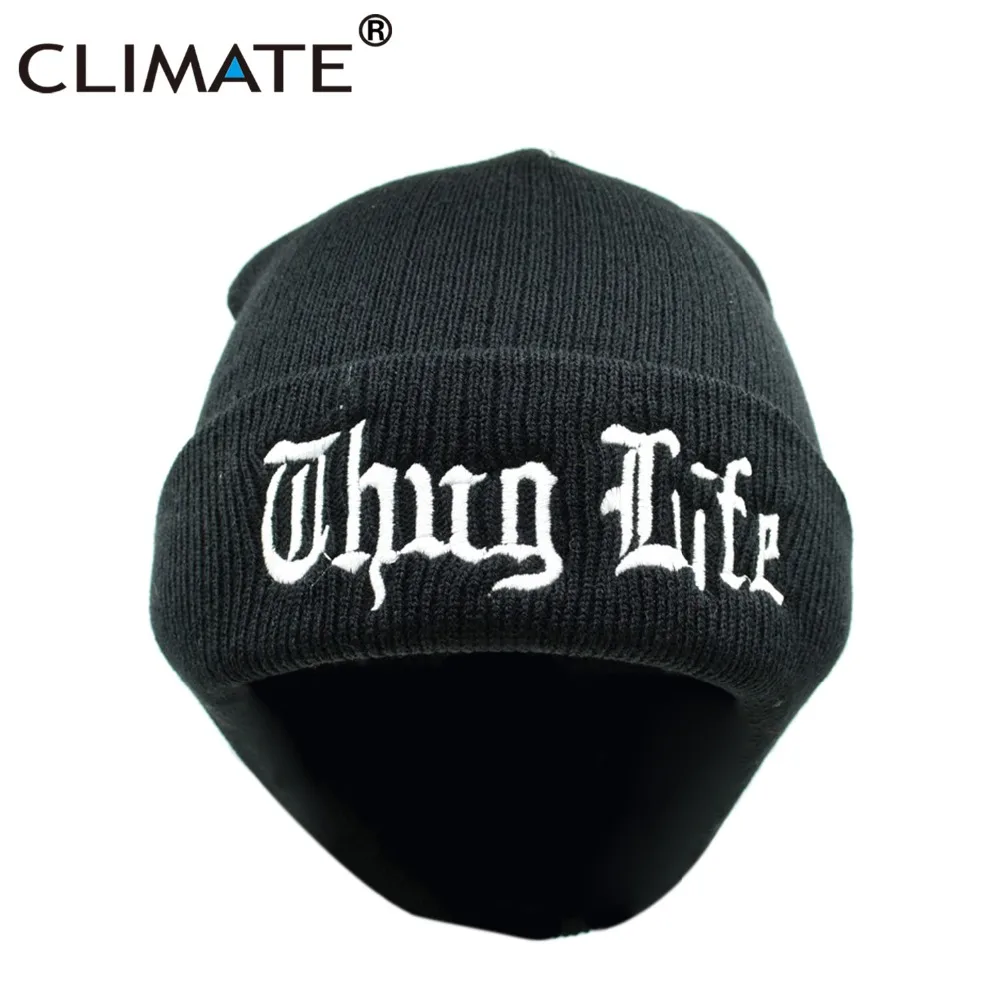 Черная Шапка-бини с принтом THUG LIFE, зимняя теплая вязаная шапка Skullies Beanie, повседневная крутая Черная шапка в стиле хип-хоп, теплая шапка для мужчин и женщин THUG LIFE