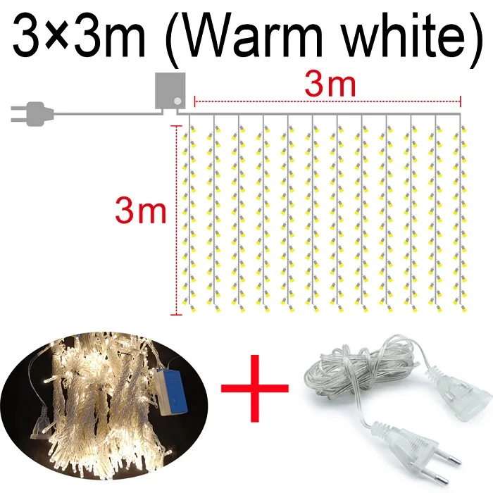 3x3 м светодиодный новогодний Рождественский гирлянда светодиодный Свадебный Сказочный свет на Рождество 300 светодиодный Сказочный свет садовая Праздничная занавеска Декор - Испускаемый цвет: Warm white with line