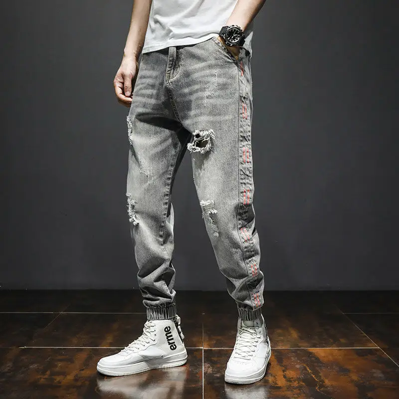 

New jeans men's loose holes Harlan personality hip-hop overalls casual pants daily wear big size clothes trouser