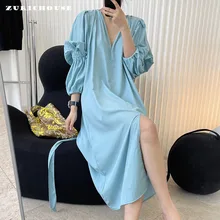 

ZURICHOUSE Elegant V-neck Split Women Long Dresses 2022 Spring Autumn High Quality Tencel Puff Sleeve Lace Up Dress Woman