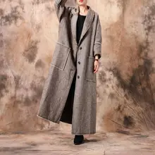 Новинка года, осенне-зимнее модное длинное пальто в клетку с большими карманами и отложным воротником, новое свободное однобортное Женское пальто размера плюс