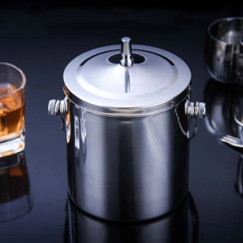 

Insulated Double-Layer Stainless Steel Portable Ice Bucket with Lid and Strainer for Double Wall Ice for Longer Freezing Time