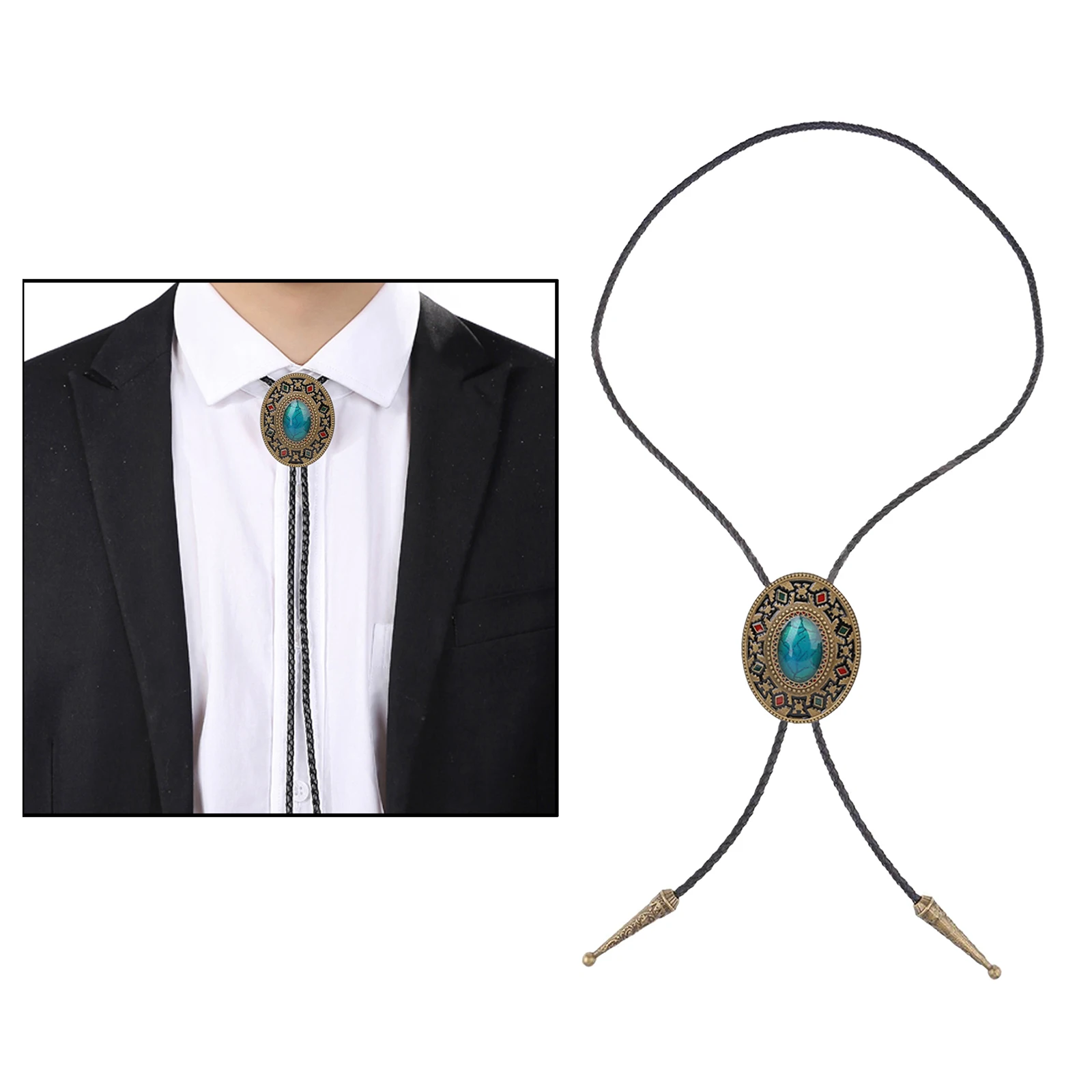 Fashion Mens Leather Turquoise Stone Bolo Tie Necklace Jewelry Retro Western Cowboy Mens Gifts Necktie Men Accessories