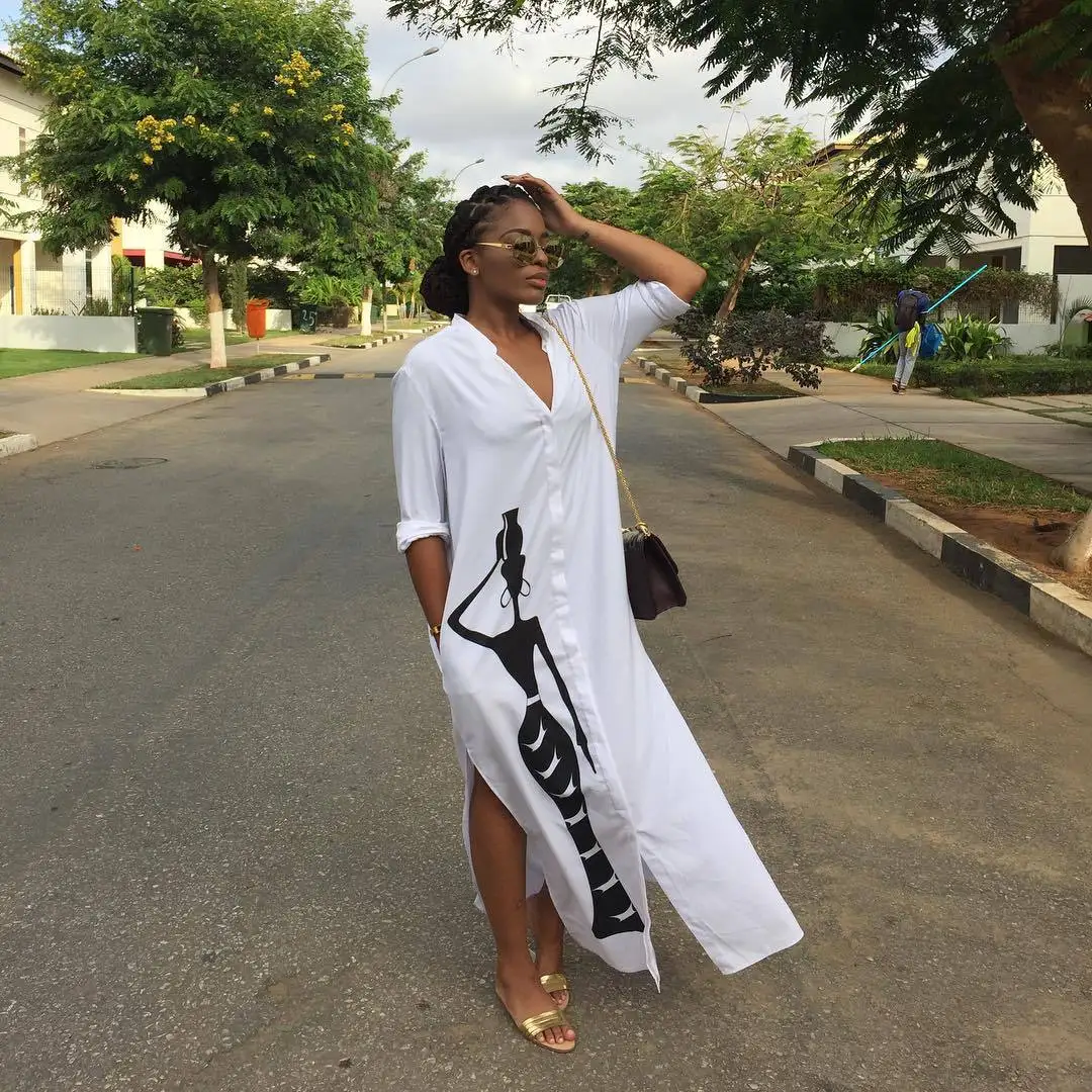 

2019 European and American women's autumn new fashion temperament casual long-sleeved printing V-neck split long shirt dress