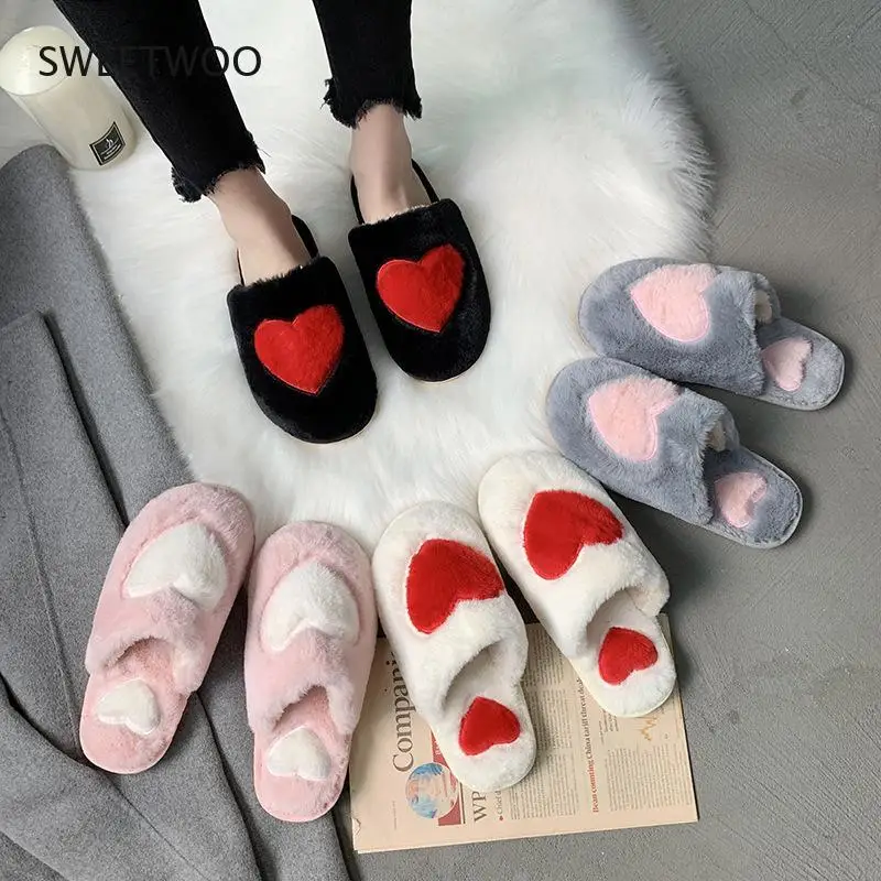 

Women Cotton Warm Slippers Winter Fashion Flat Shoes Comfortable Non-slip Love Heart Indoor Shoes