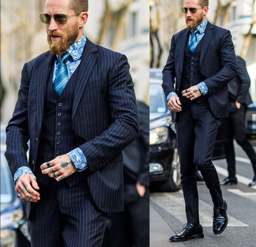 2020 Newest Mens 3 Piece Wool Feel Classic Gangster Pinstripe Suits with Vest Notch Lapel Two Button Navy Formal Suit | Мужская одежда