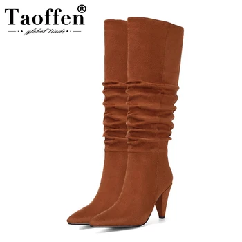 

Taoffen Knee High Stretch Boots For Women Sexy Pointed Toe High Heeled Winter Keep Warm Fur Shoes Women Footwear Size 34-43