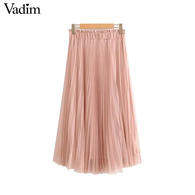 Vadim, милый, женский розовый сетчатая юбка в складку с эластичной талией; Милая однотонная Базовая Юбка-миди женские милые сапоги до середины икры юбки BA864