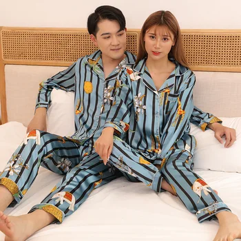 

Print Couple 2PCS Pajamas Suit Satin Homewear Sleep Set Intimate Lingerie Sexy Men And Women Nightwear Autumn New Sleepwear