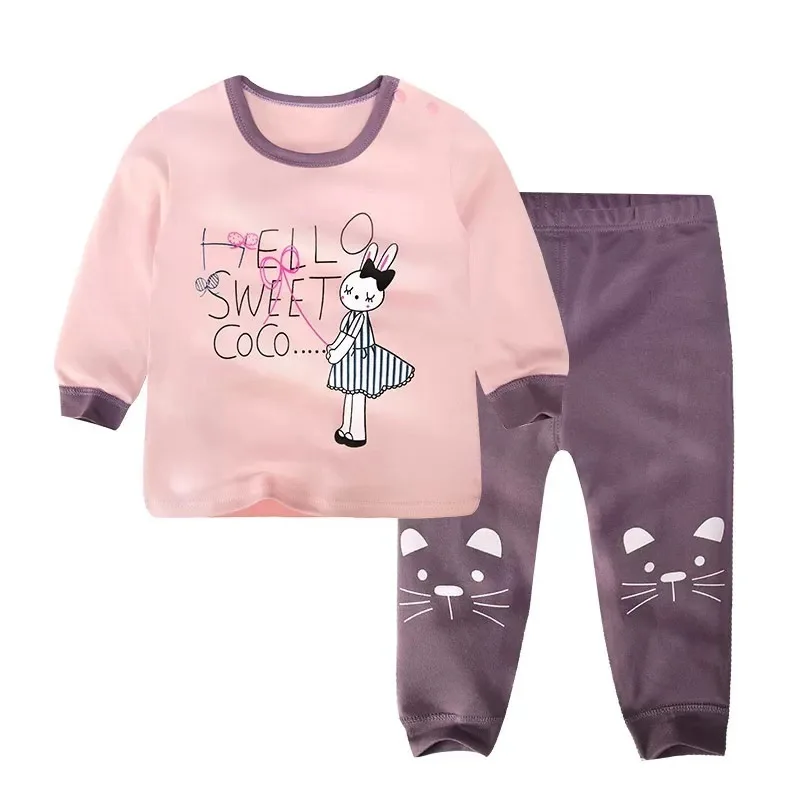 Детские хлопковые осенние пижамы; комплекты для мальчиков и девочек из 2 предметов; милая одежда для сна с животными для малышей; пижамы с длинными рукавами; домашняя одежда