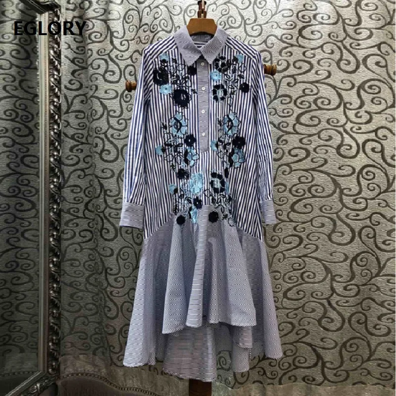 

Top Quality Cotton Dress 2019 Autumn Style Women Turn-down Collar Blue Striped Print Exquisite Embroidery Mid-Calf Casual Dress