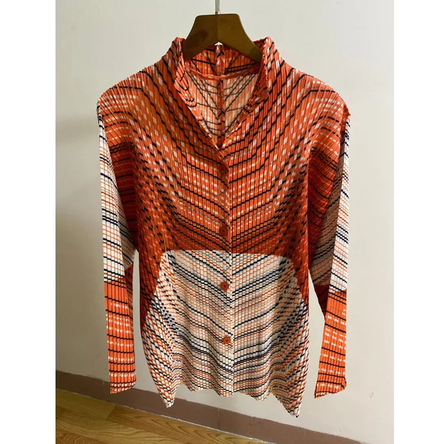 orange Женские рубашки больших размеров, весна и осень, эластичные, Miyake, плиссированные, в полоску, со стоячим воротником, однобортные, реглан, рукава, кардиганы - Цвет: orange