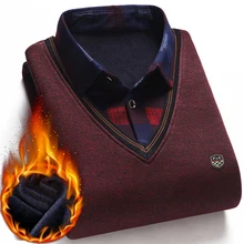 

Velvet Fake Two Sweaters Men Pullover Pulls Homme Men Shirt Collar Sweater Plush Knitted Korean Trend Casual Plush Clothing Men