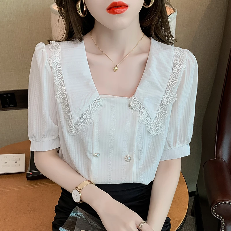 

Женская кружевная рубашка с пышными рукавами и лацканами для похудения, короткий топ