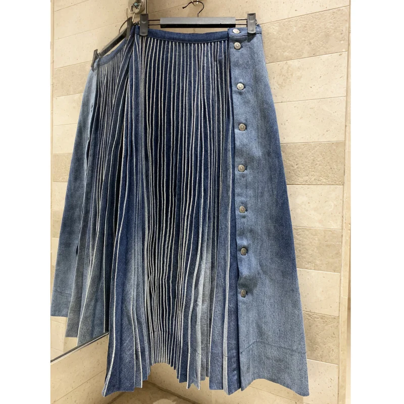 

Autumn winter 2019 cowgirl long pleated skirt casual party dress ladies street skirt high quality Washed denim 360° large skirt
