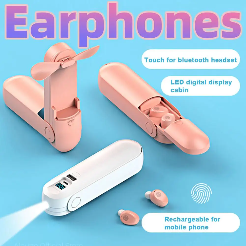 F7 TWS Bluetooth 5 0 Wireless Headphone Earbud with Handheld Fan Charging Box