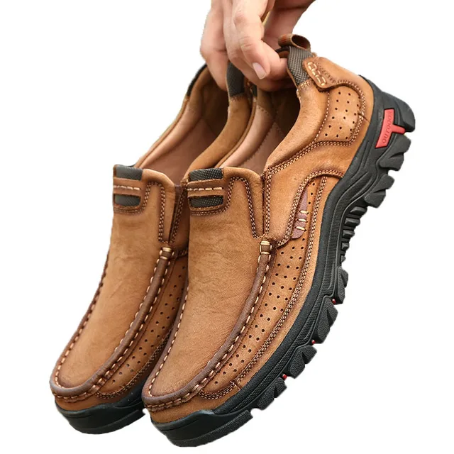 US $11.90 Leather Mens Boots comfortable nonslip Hiking Shoes Top Layer Breathable Leather Sneakers outdoor