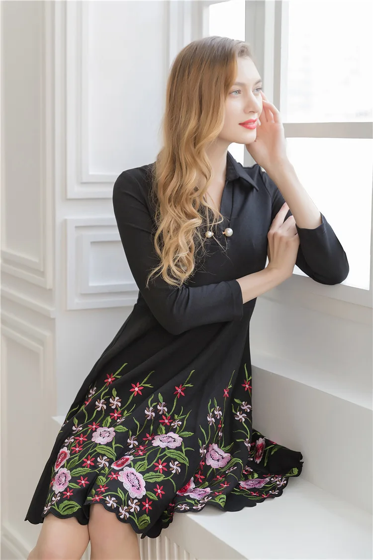 Новое цветочное винтажное платье-рубашка xxxl pring Вышивка женское офисное платье размера плюс Повседневные платья а-силуэта