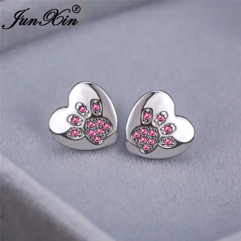 Cute Animal Bear Cat Dog Paw Stud Earrings For Women Men Silver Color Green Pink Purple Zircon Heart Earring Wedding Jewelry