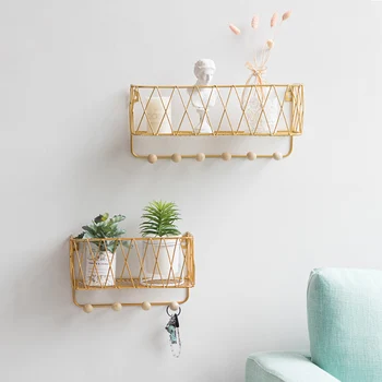 

Simple Nordic Wrought Iron Grid Wall Shelf Creative Home Wall Hook Wall Mounted Storage Rack Potted Racks Book Storage Basket