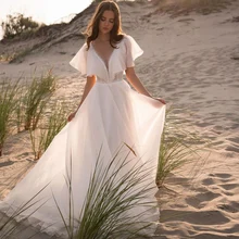 Simple White Wedding Dress for Bride Floor-Length Deep V-Neck Short Sleeve A-Line Chiffon Bridal Gowns Coverd Button Court Train