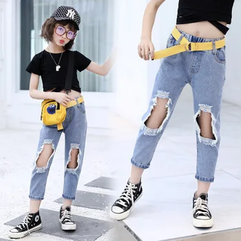 

5-10 years children's clothing girls broken jeans summer new version of the personality pants girl wild seven points tide jeans