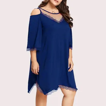 

Cold Shoulder Loose Dress Women's Plus Size L-4XL O-Neck Mid Sleeved Lace Sexy Lace Summer Casual Dresses vertidos femininos