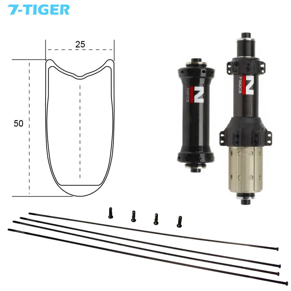 7-Tiger AS61CB FS62CB road bicycle wheelset 700c carbon fiber wheels 50mm deep 25mm wide clincher tubular tubeless sapim xc-ray