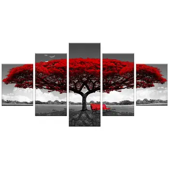 

5D Diy 5 Pieces Red Tree Art Scenery Diamond Painting Full Square Wedding Embroidery Home Decor Home Decor Gift