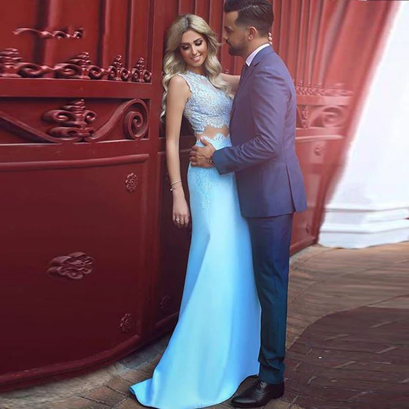 Two Pieces Prom Dress Charming Illusion Mermaid Evening Dresses Long Floor Length Party Dress for Graduation Sky Blue Gowns