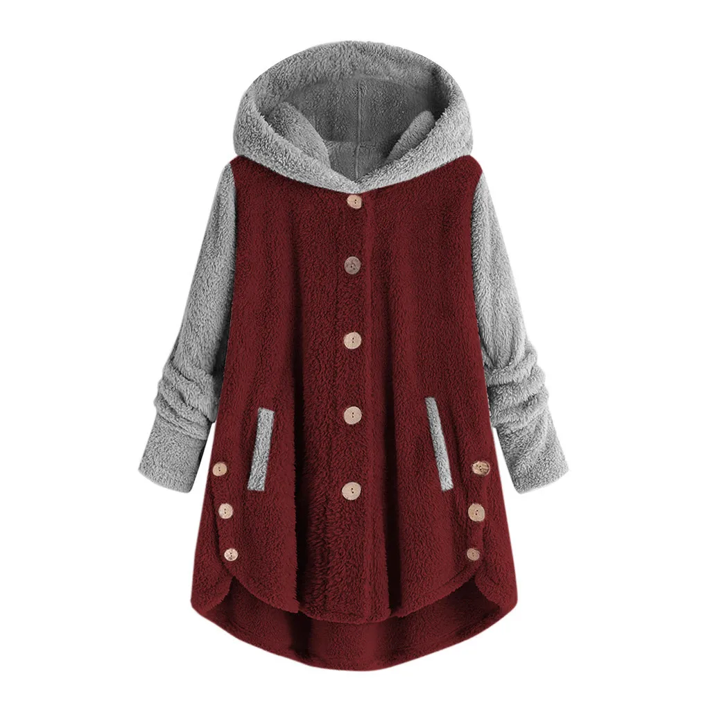 Women Button Solid Tops Hooded Pullover Loose Blouse Plus Size Sweatshirt Femme Hiver Woolen Women Hoodies