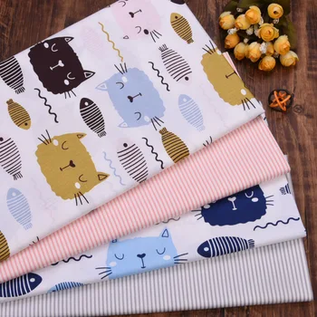 

DIY Handmade Sewing Patchwork Quilting Fat Quarters Tecido Cloth For Baby Dress Sheets Textiles Cat Stripe Twill Cotton Fabric
