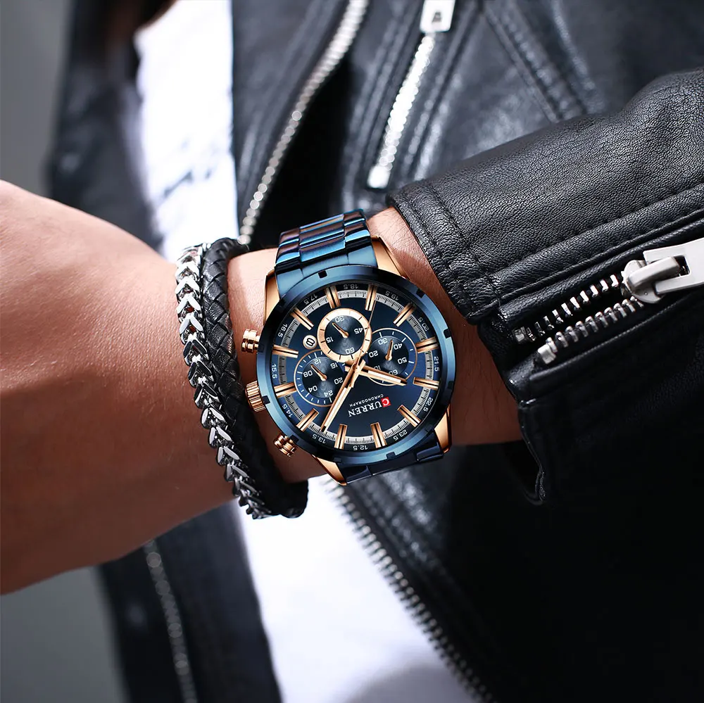 Curren, мужские часы, Топ бренд, роскошные, синие, стальные, кварцевые,, с хронографом, Роскошные мужские часы, синие, стальные, мужские часы, синий циферблат