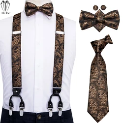 Designer Silk Adult Men's Suspender Set 6 Clips Braces Vintage Gold Red Pink Green Suspenders Bowtie Necktie Hanky Cufflinks Set