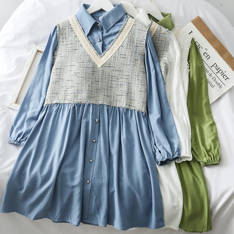 

Mooirue Autumn Women Vintage Dress Long Sleeve Patchwork Star Button Casual Streetwear Harajuku Korean Style Shirt Vestidos
