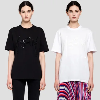 

2020 Spring Summer Women Cotton Embroidered Sequins Black and White Short Sleeve T-shirt