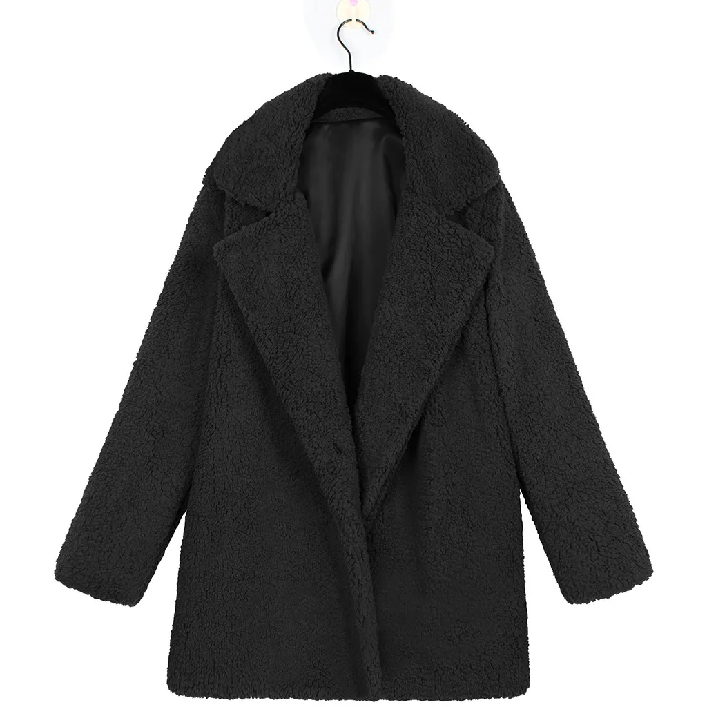 Верхняя одежда с отложным воротником, пальто-Тедди, модное однотонное зимнее теплое пальто, элегантное Свободное пальто с лацканами, женское плюшевое пальто - Цвет: Черный
