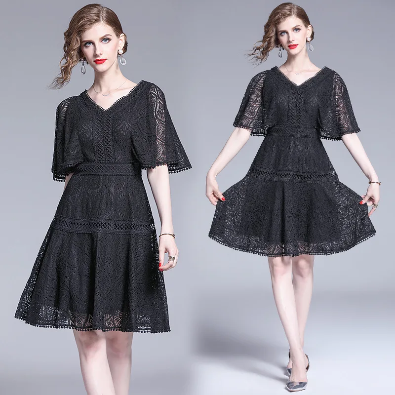 S-xxl весенне-летнее женское платье с узором пейсли, черное кружевное платье с v-образным вырезом и Расклешенным рукавом, ТРАПЕЦИЕВИДНОЕ ПЛАТЬЕ до колена